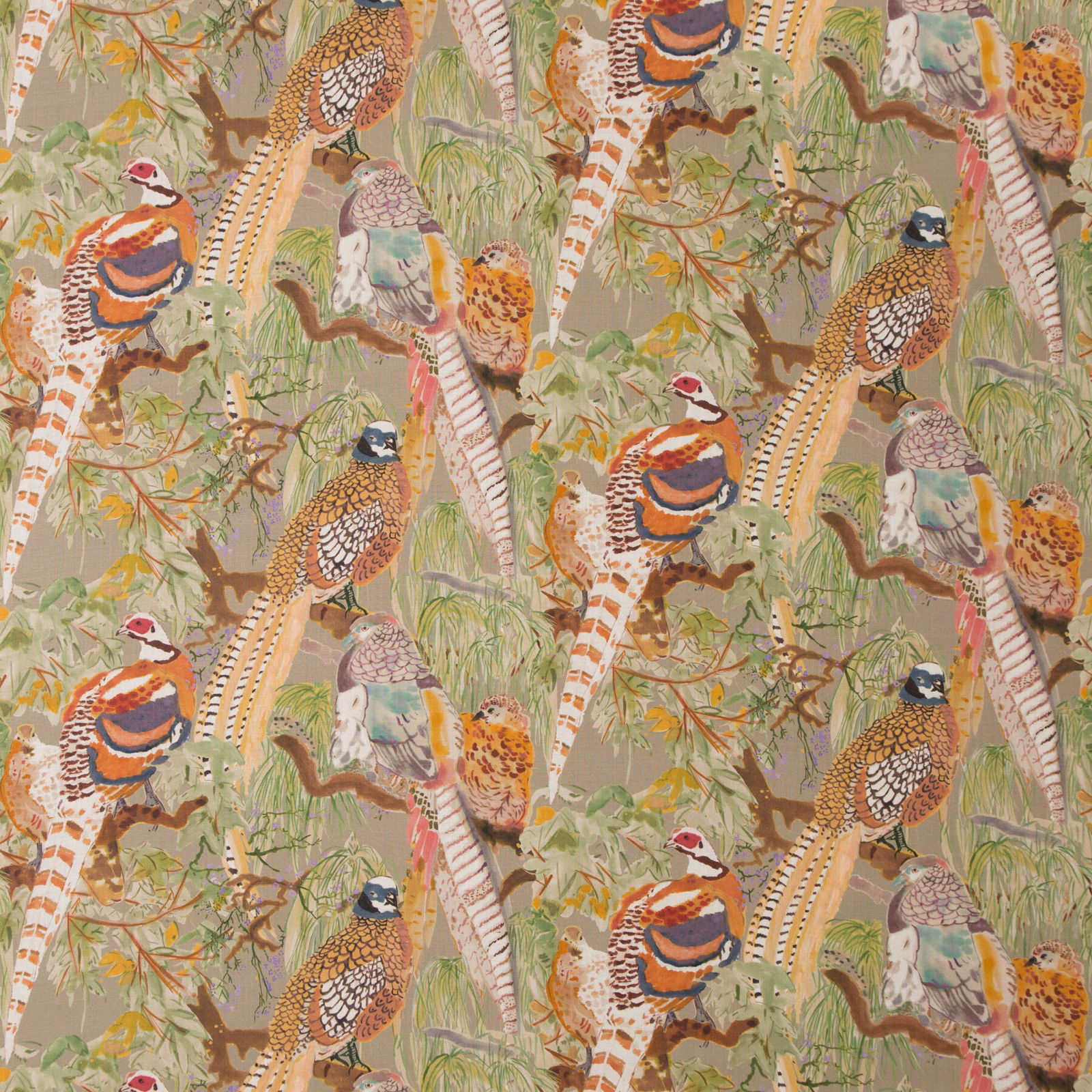 Stone linen with colourful pheasants, smaller birds, grasses and curling branches