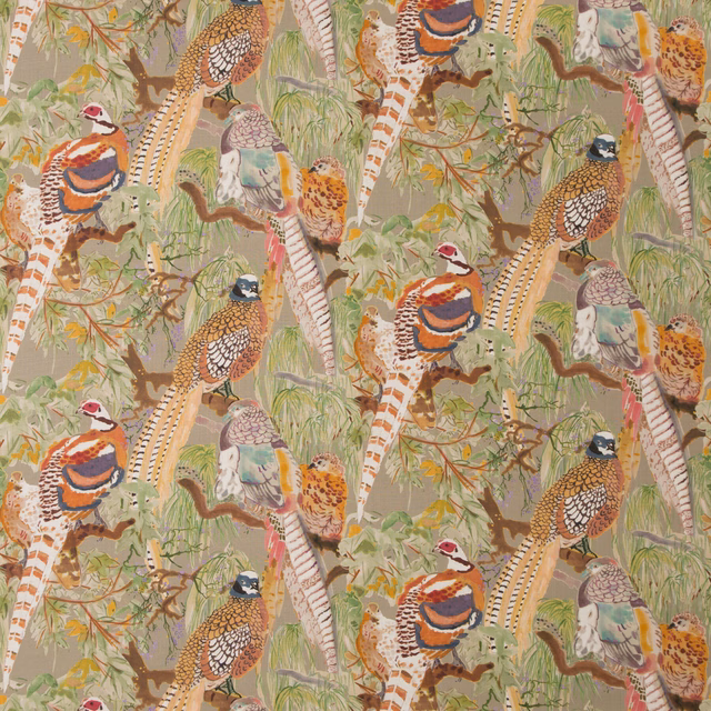 Stone linen with colourful pheasants, smaller birds, grasses and curling branches