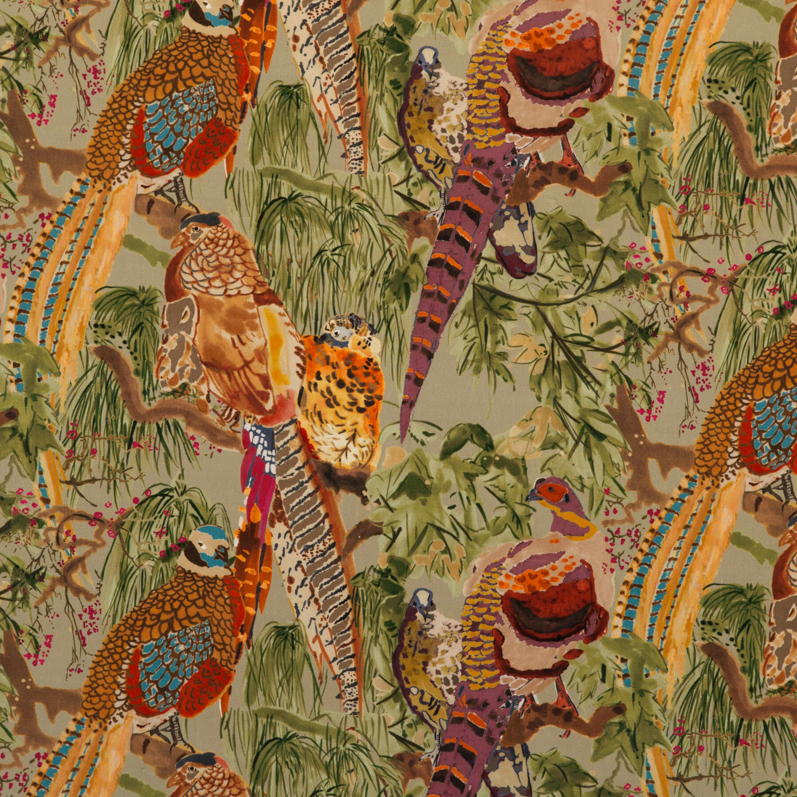 Fig velvet with olive jungle foliage, colourful birds, rust, turquoise and burgundy details