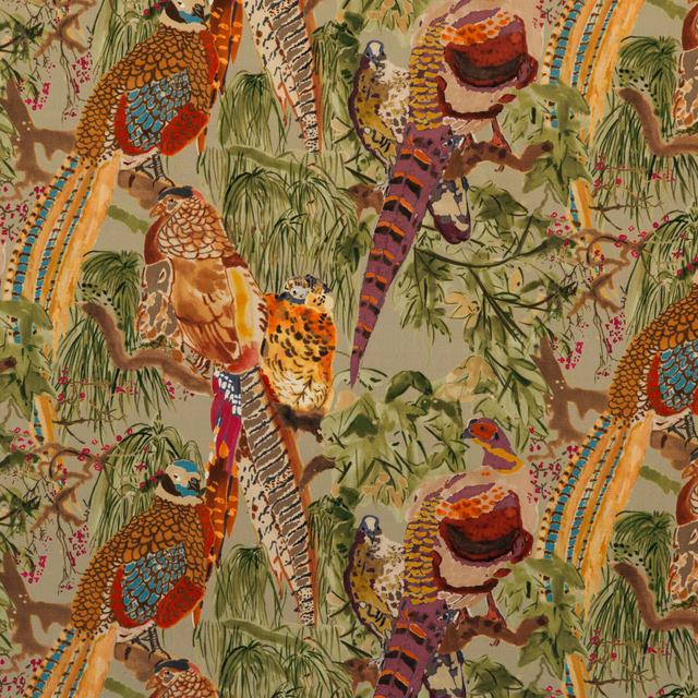 Fig velvet with olive jungle foliage, colourful birds, rust, turquoise and burgundy details