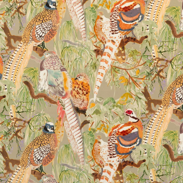 Stone velvet with pheasants, striped trunks, teal, rust and olive foliage