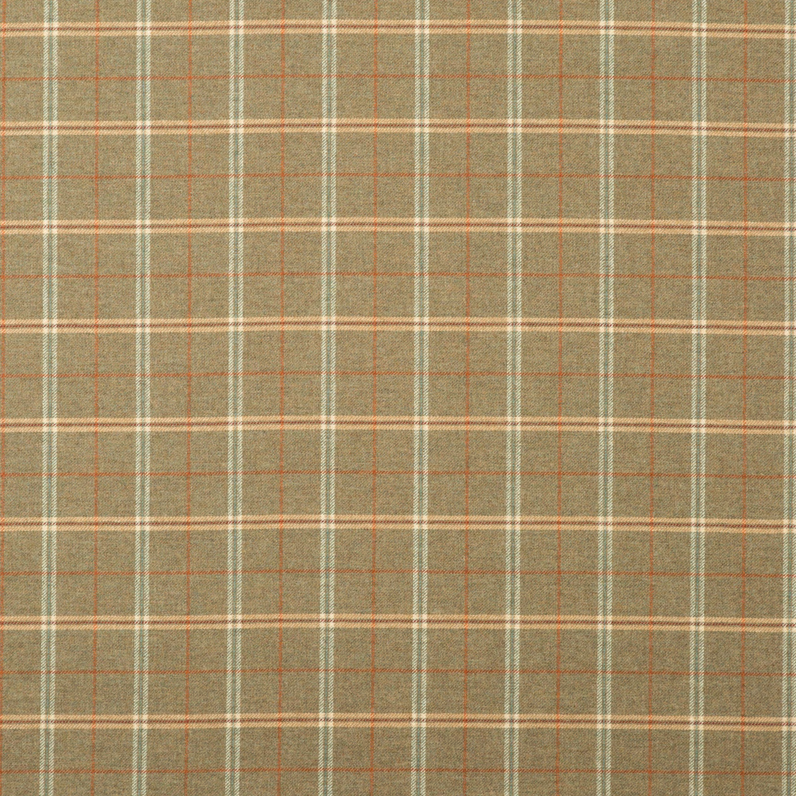 Muted olive wool plaid with cream bands and fine rust-red lines