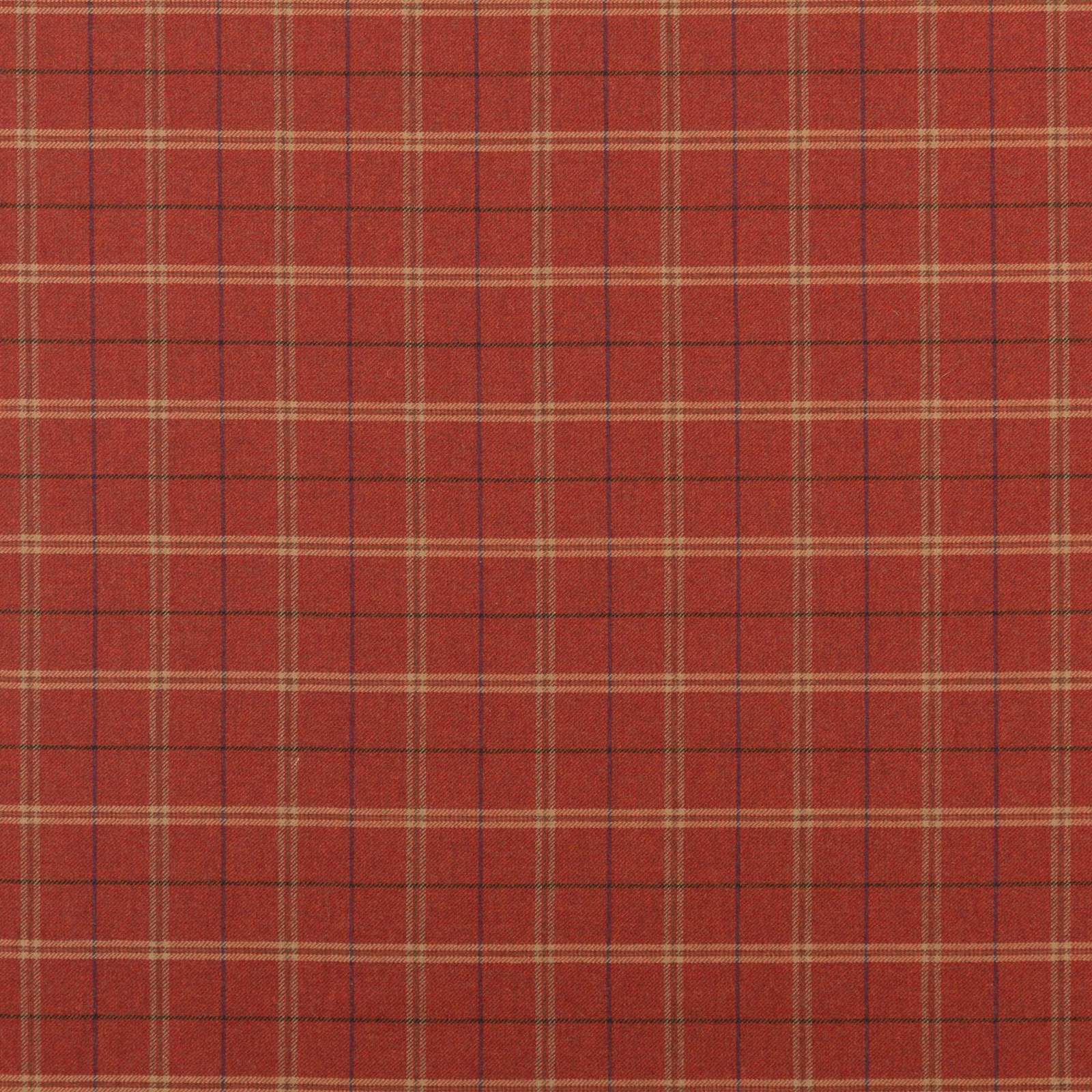 Muted brick-red wool plaid with tan lines and a softly brushed woven texture