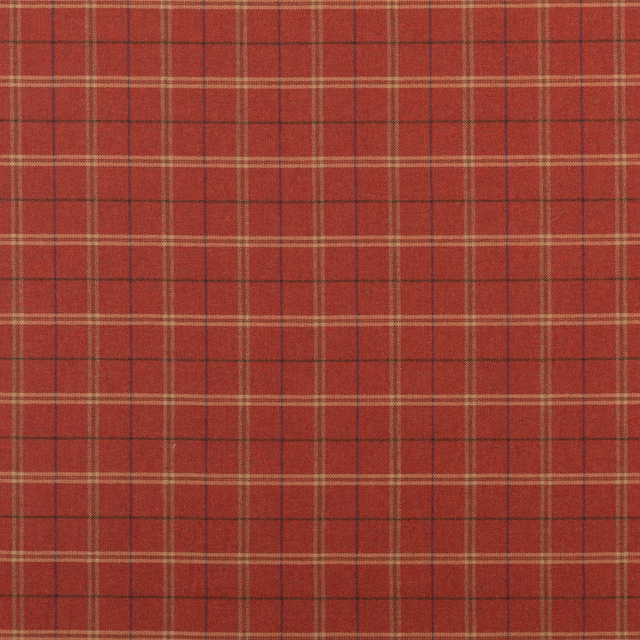 Muted brick-red wool plaid with tan lines and a softly brushed woven texture