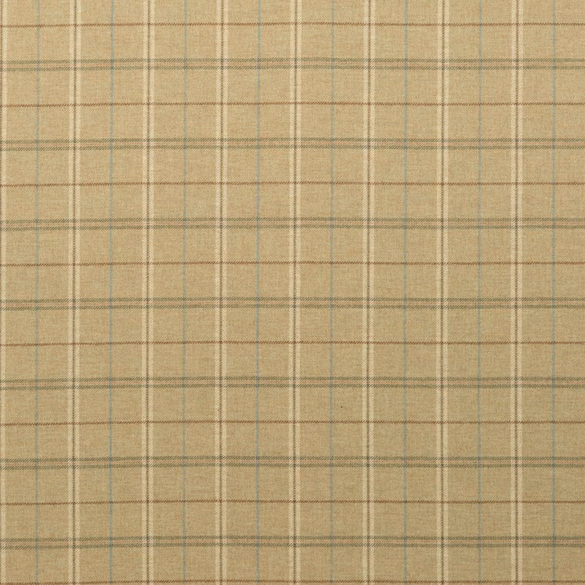 Muted sage and beige checked wool fabric with a softly textured woven surface