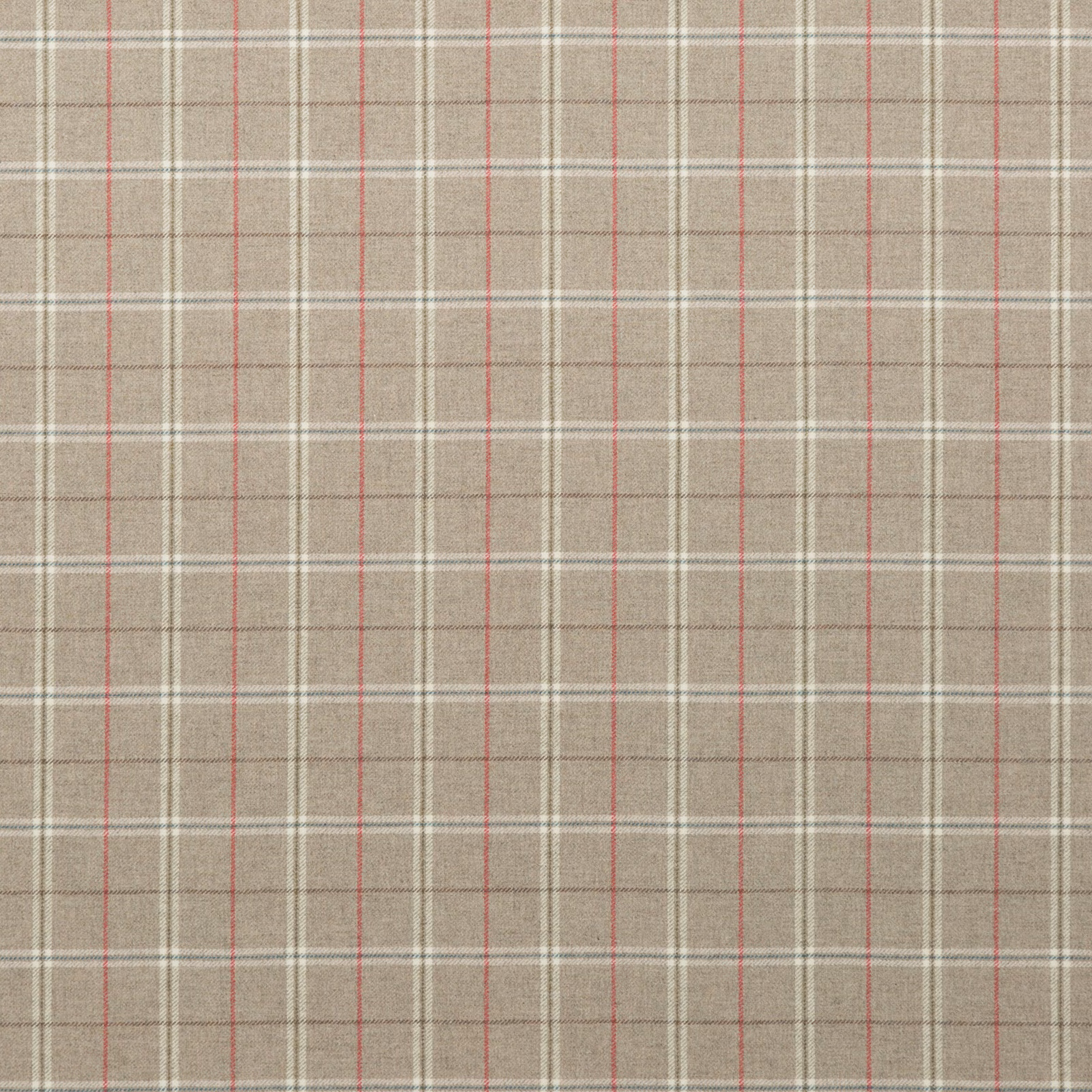 Muted taupe plaid with ivory checks, charcoal lines and fine red stripes