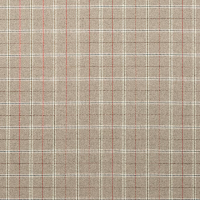 Muted taupe plaid with ivory checks, charcoal lines and fine red stripes