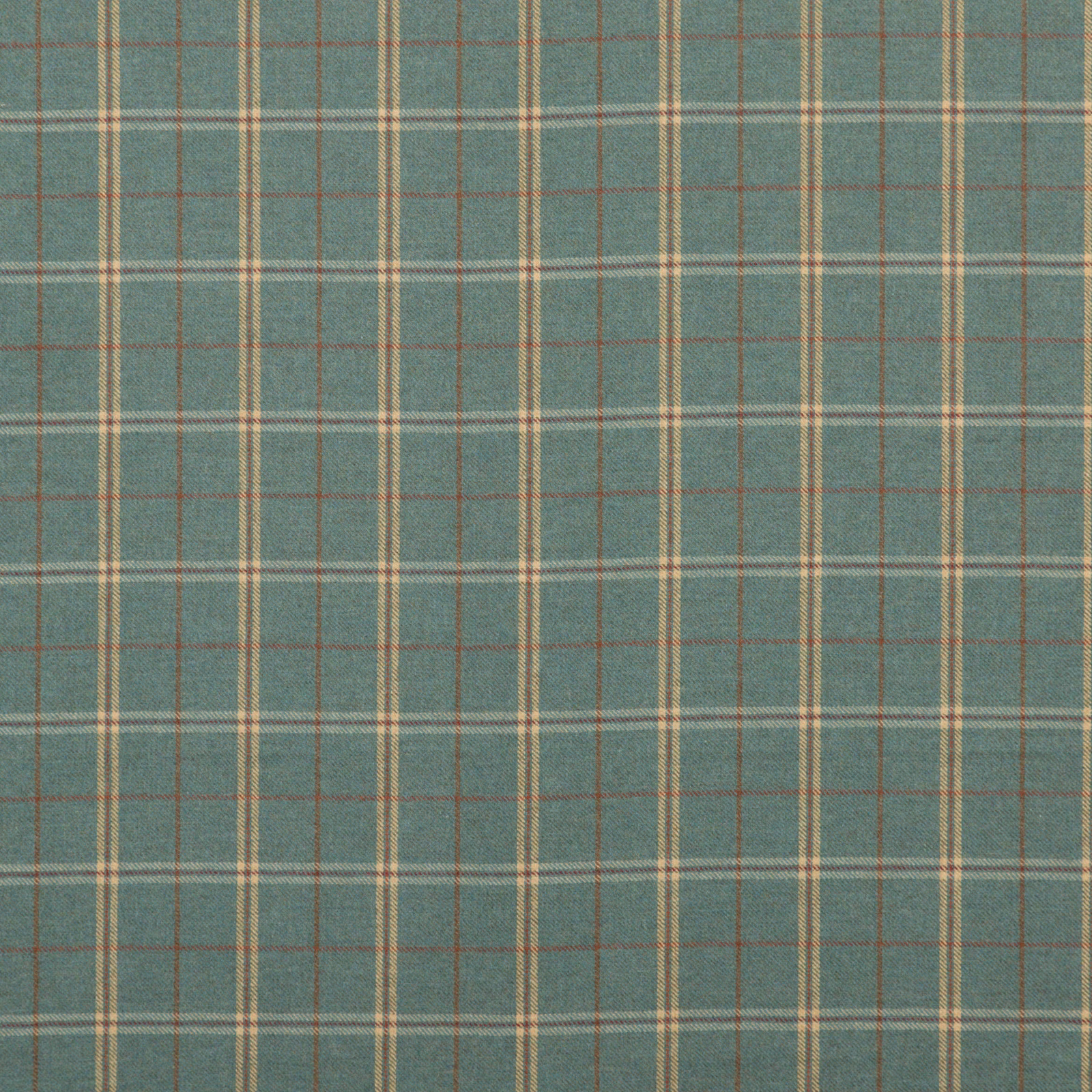 Muted teal wool plaid with cream, tan and rust lines in a softly textured weave
