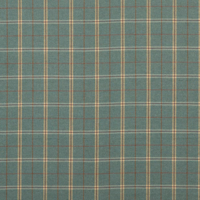 Muted teal wool plaid with cream, tan and rust lines in a softly textured weave