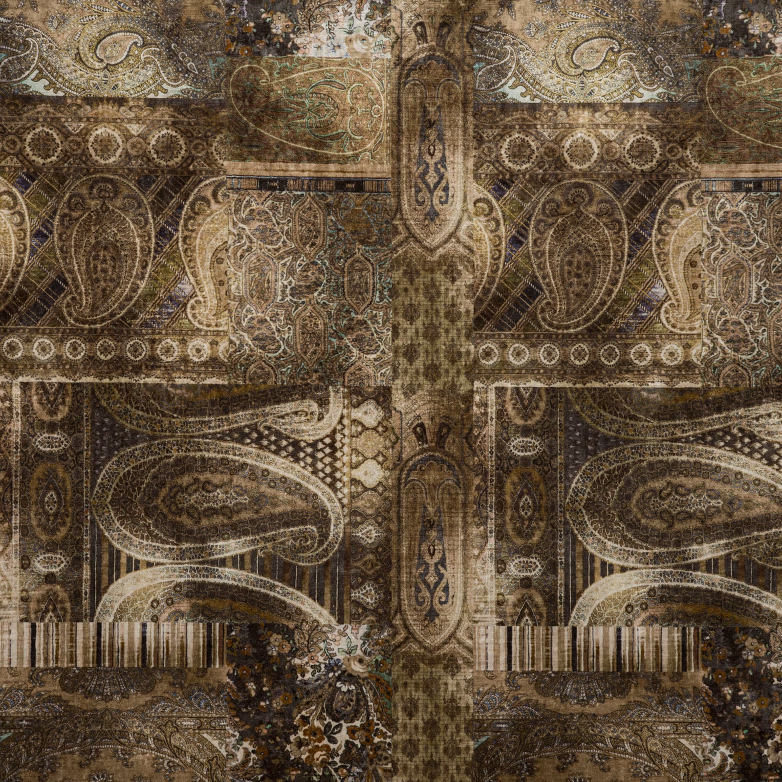 Muted sage velvet with sepia paisleys, cream medallions and ornate horizontal bands