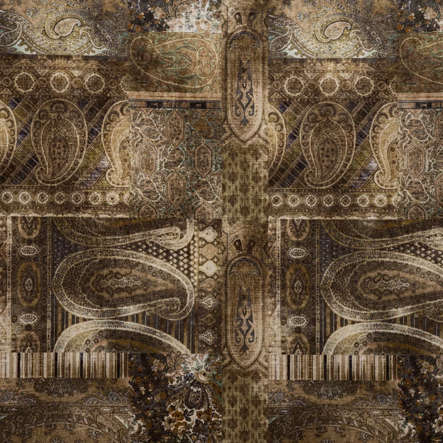 Muted sage velvet with sepia paisleys, cream medallions and ornate horizontal bands