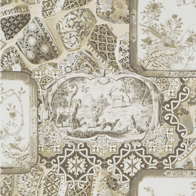 Silver taupe non-woven wallpaper with framed pastoral scenes and ornate tile motifs