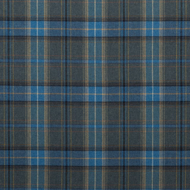 Muted teal blue wool plaid with charcoal checks, tan pinstripes and softly brushed texture