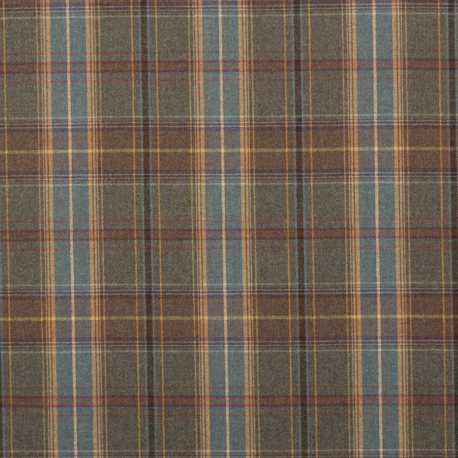 Heather-grey wool plaid with muted teal, ochre and burgundy crossing lines