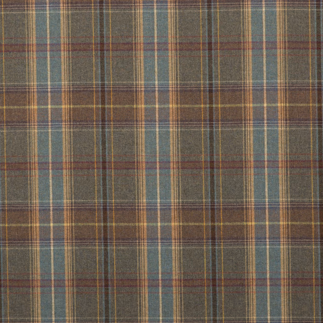 Heather-grey wool plaid with muted teal, ochre and burgundy crossing lines