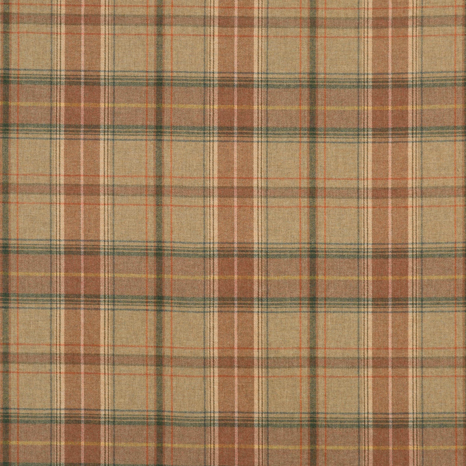 Muted taupe wool plaid with cocoa, sage, rust and cream lines