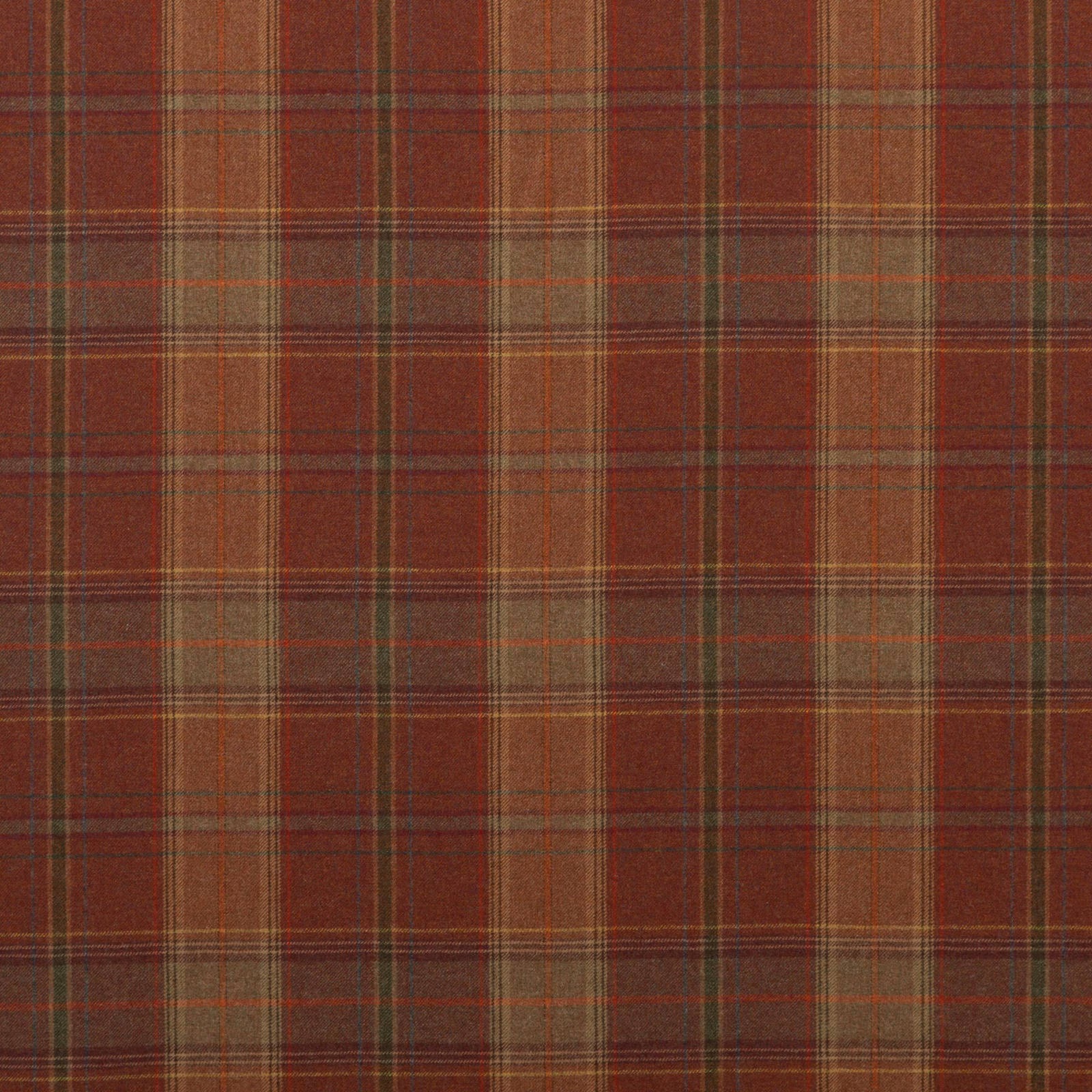 Warm russet wool plaid with burgundy blocks, amber lines and muted olive threads