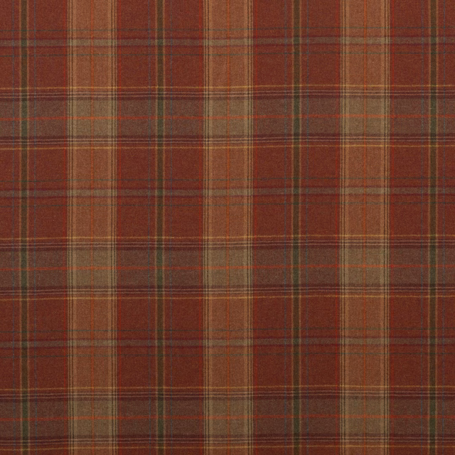 Warm russet wool plaid with burgundy blocks, amber lines and muted olive threads