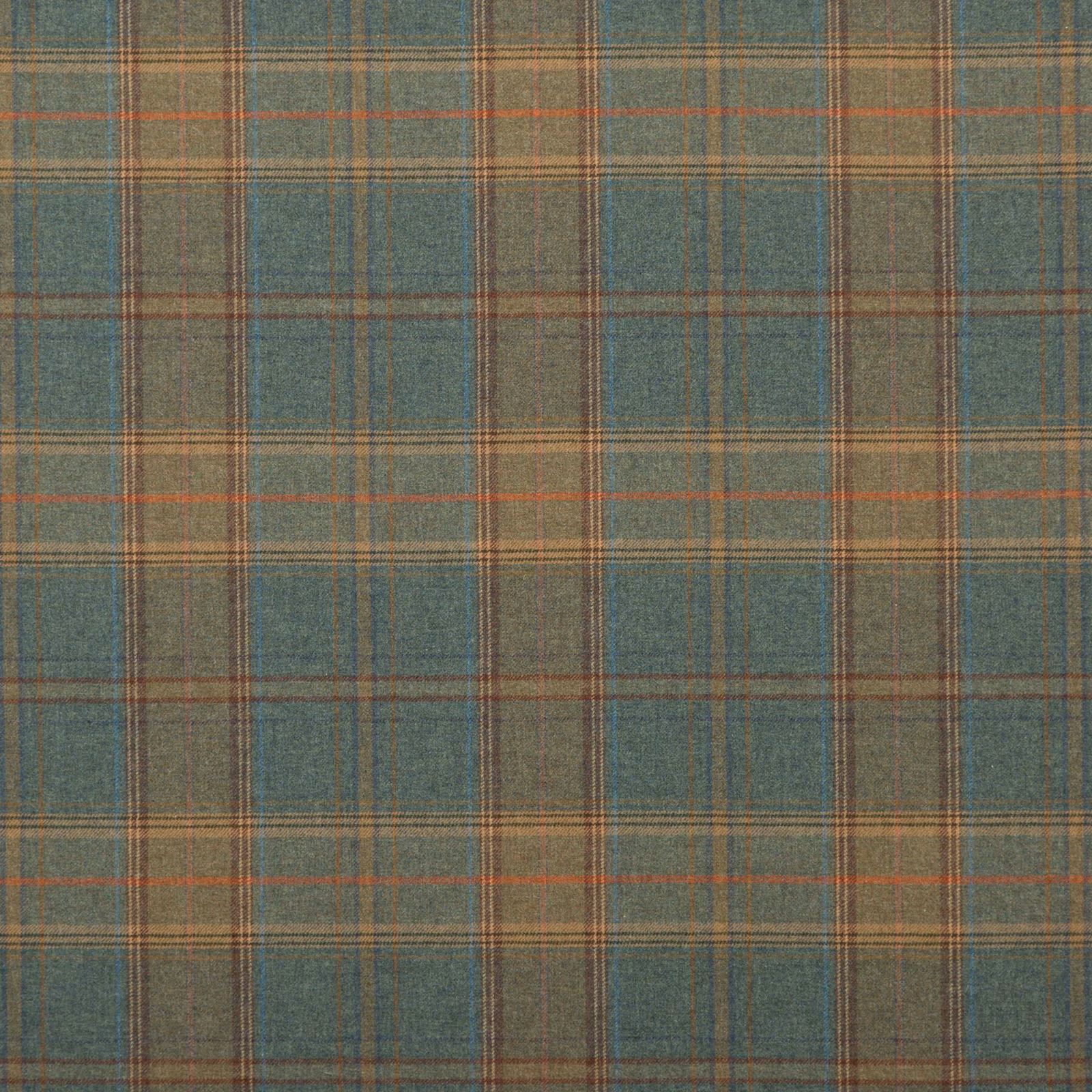 Muted teal wool plaid with rust, ochre and olive intersecting stripes