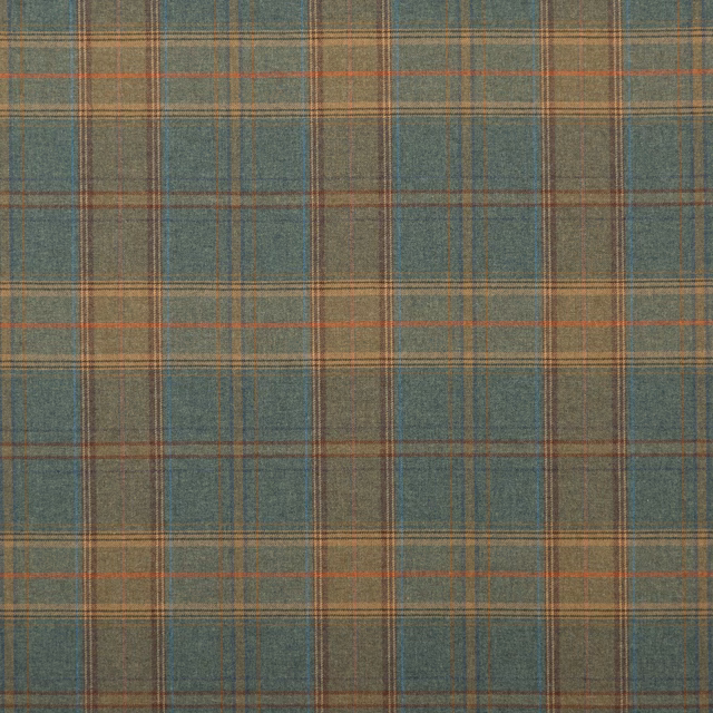 Muted teal wool plaid with rust, ochre and olive intersecting stripes