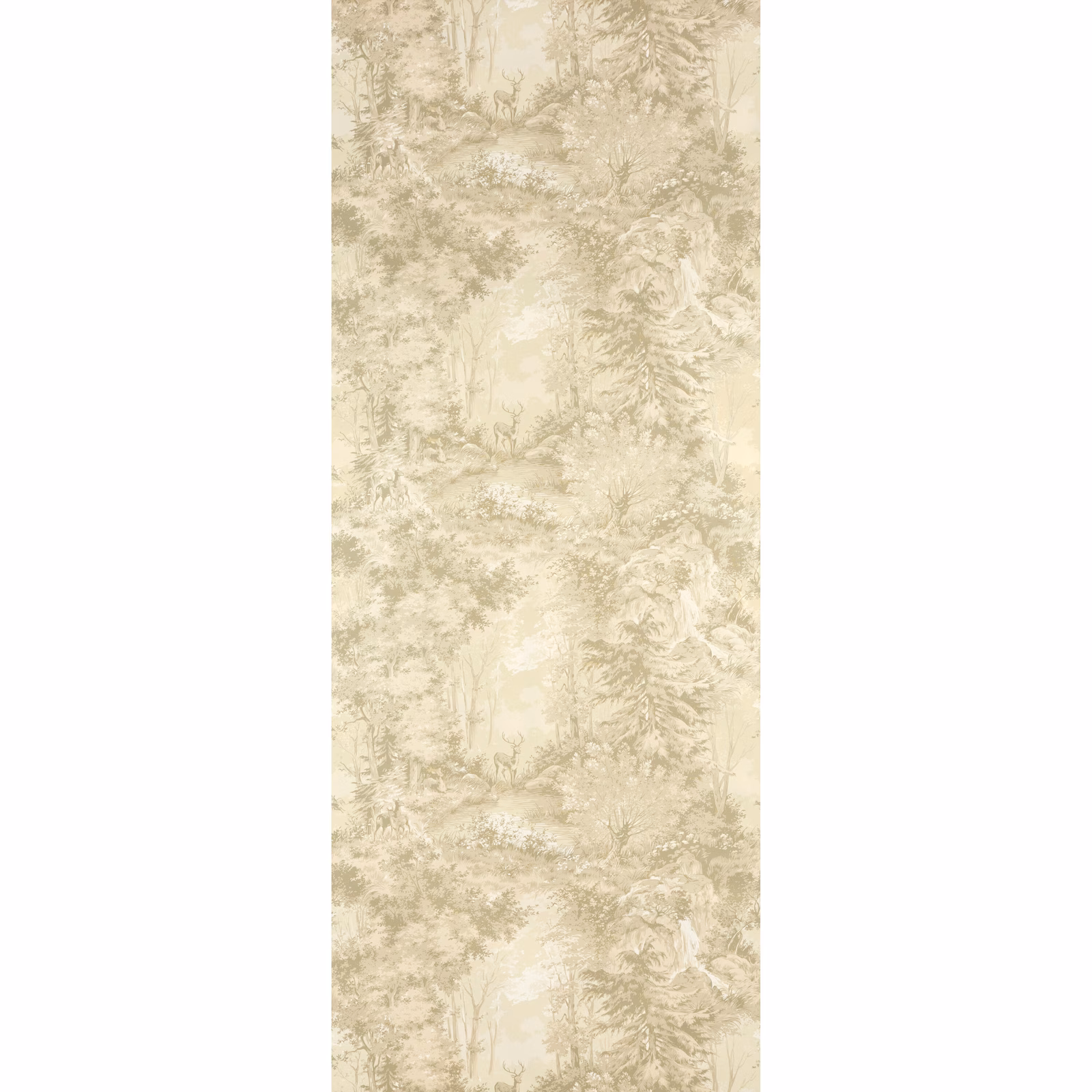 Pale greige charcoal wallpaper with repeating trees, distant hills and pastoral landscape
