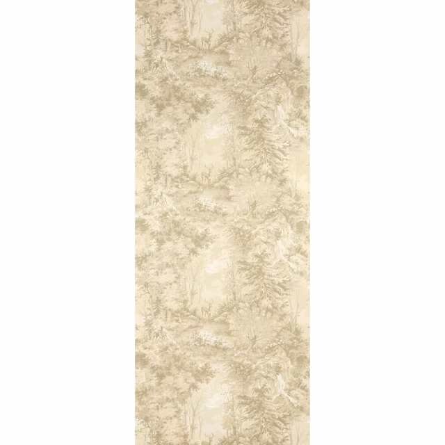 Pale greige charcoal wallpaper with repeating trees, distant hills and pastoral landscape