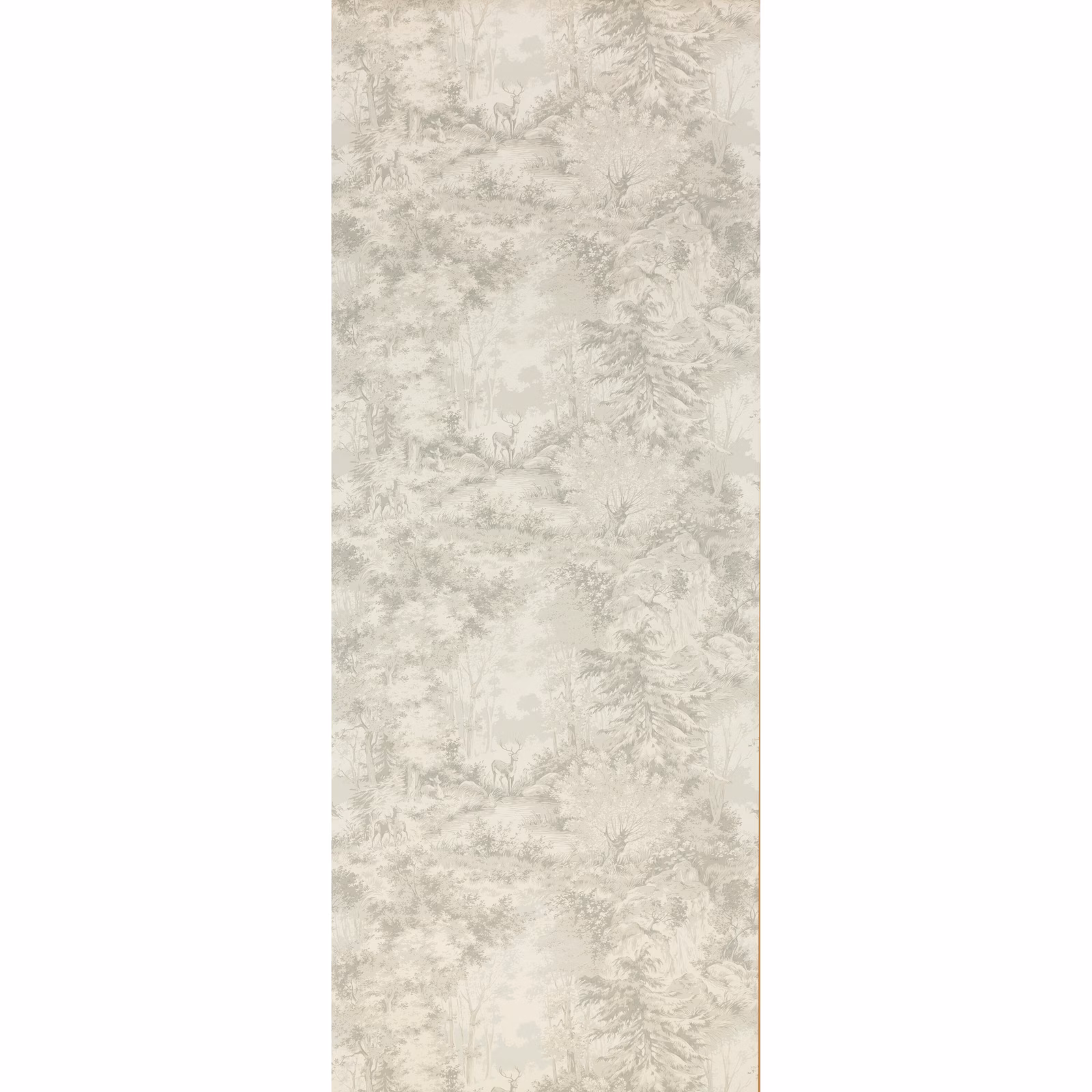 Pale silver-grey scenic foliage and tree motifs on an ivory wallpaper ground