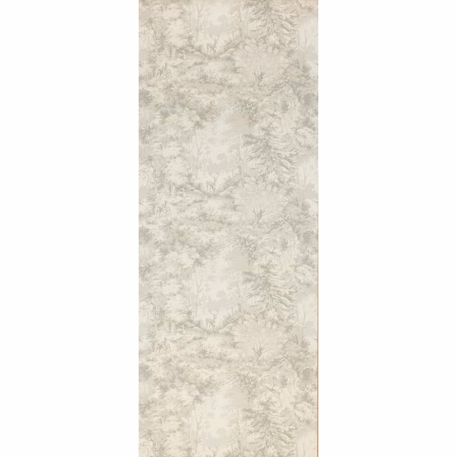 Pale silver-grey scenic foliage and tree motifs on an ivory wallpaper ground