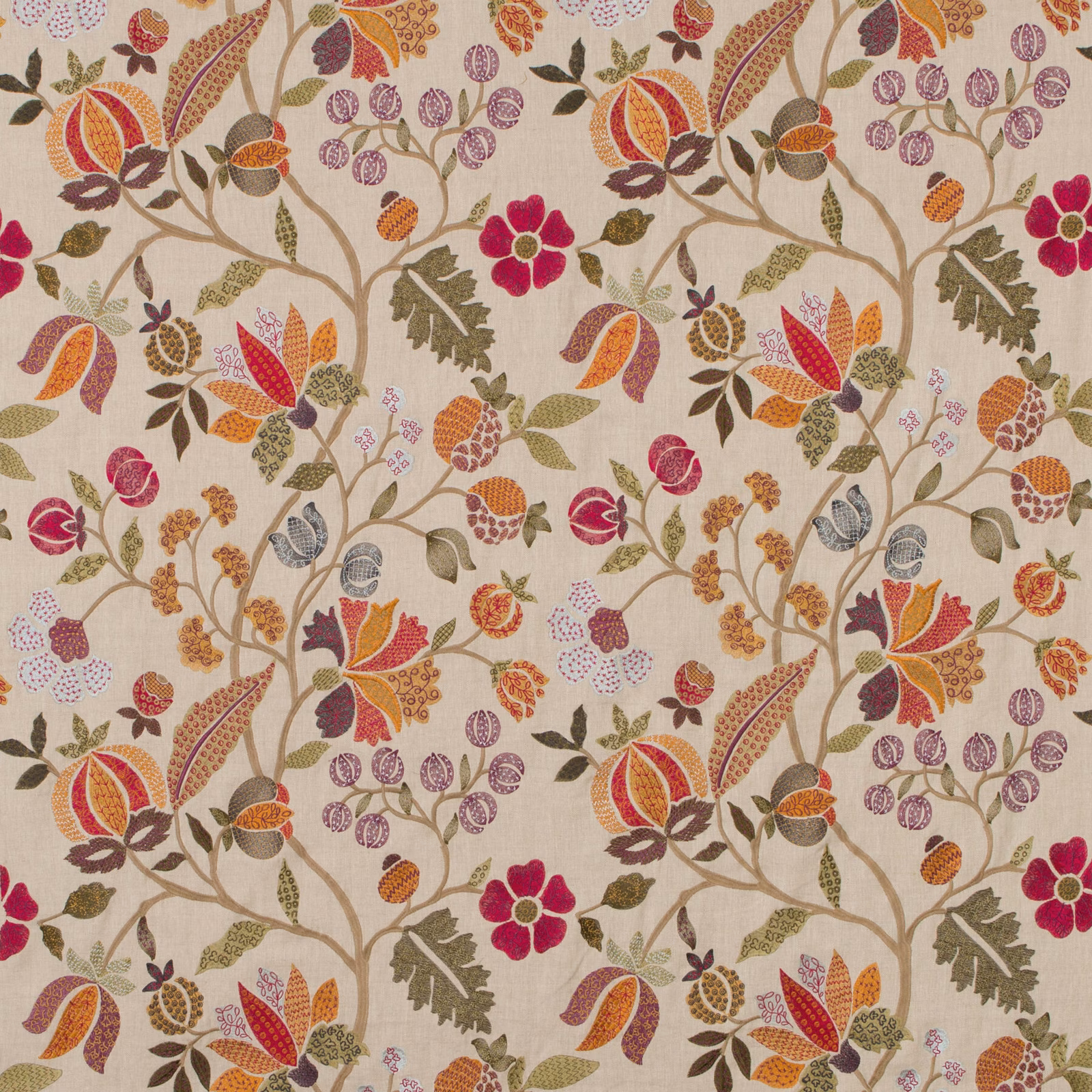 Warm multicolour botanical fabric with burgundy flowers, rust leaves and olive stems