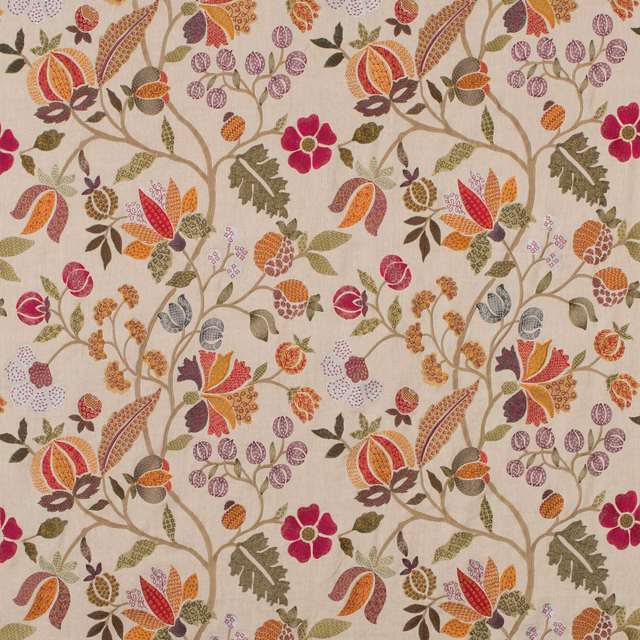 Warm multicolour botanical fabric with burgundy flowers, rust leaves and olive stems