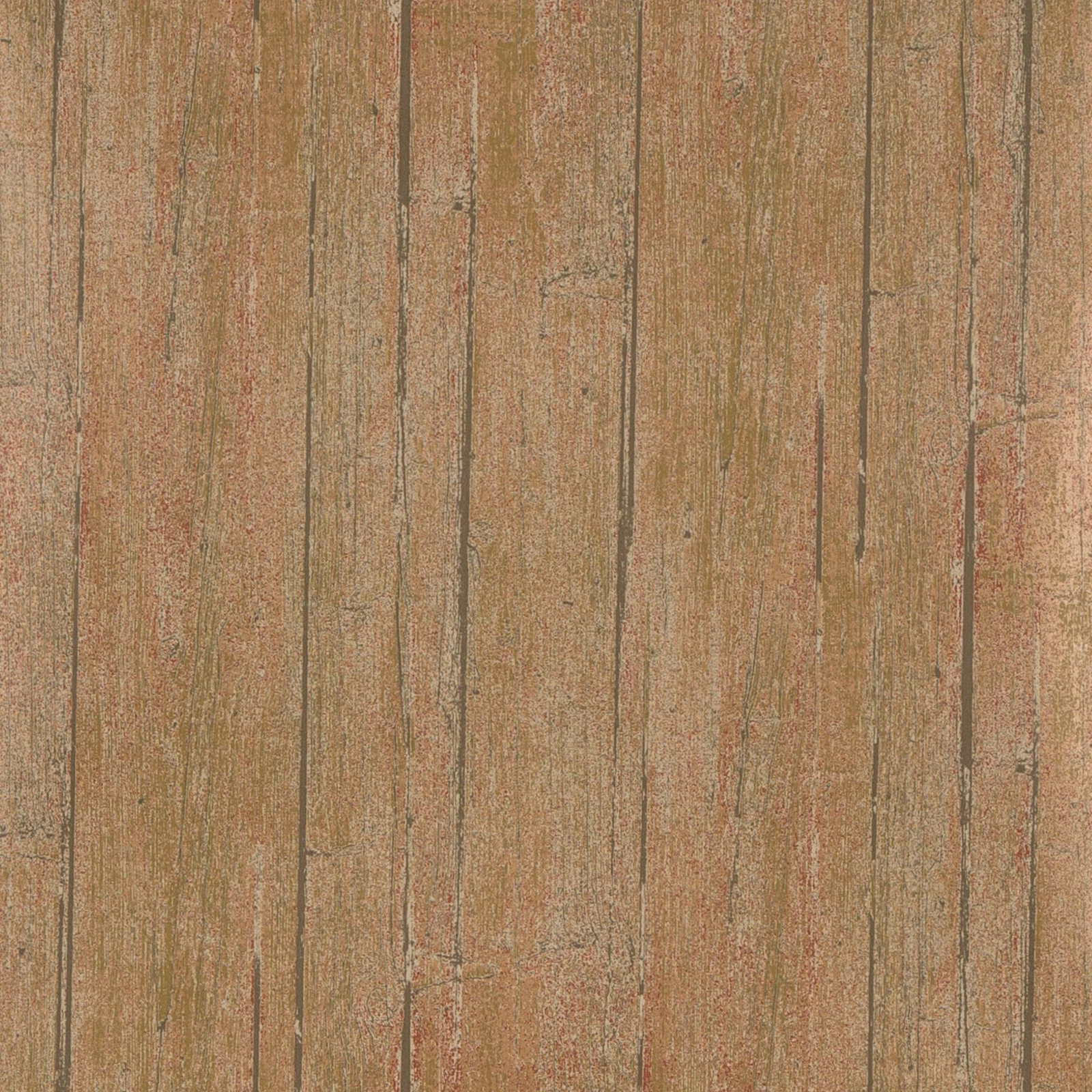 Weathered rust and taupe faux-wood panels with fine vertical seams