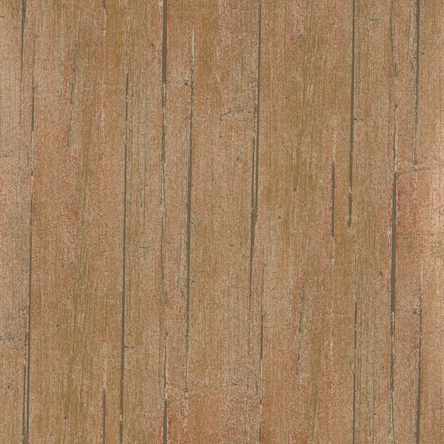 Weathered rust and taupe faux-wood panels with fine vertical seams