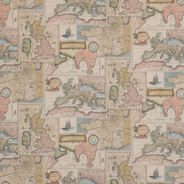 Muted blush, sage and blue antique map panels printed on woven linen