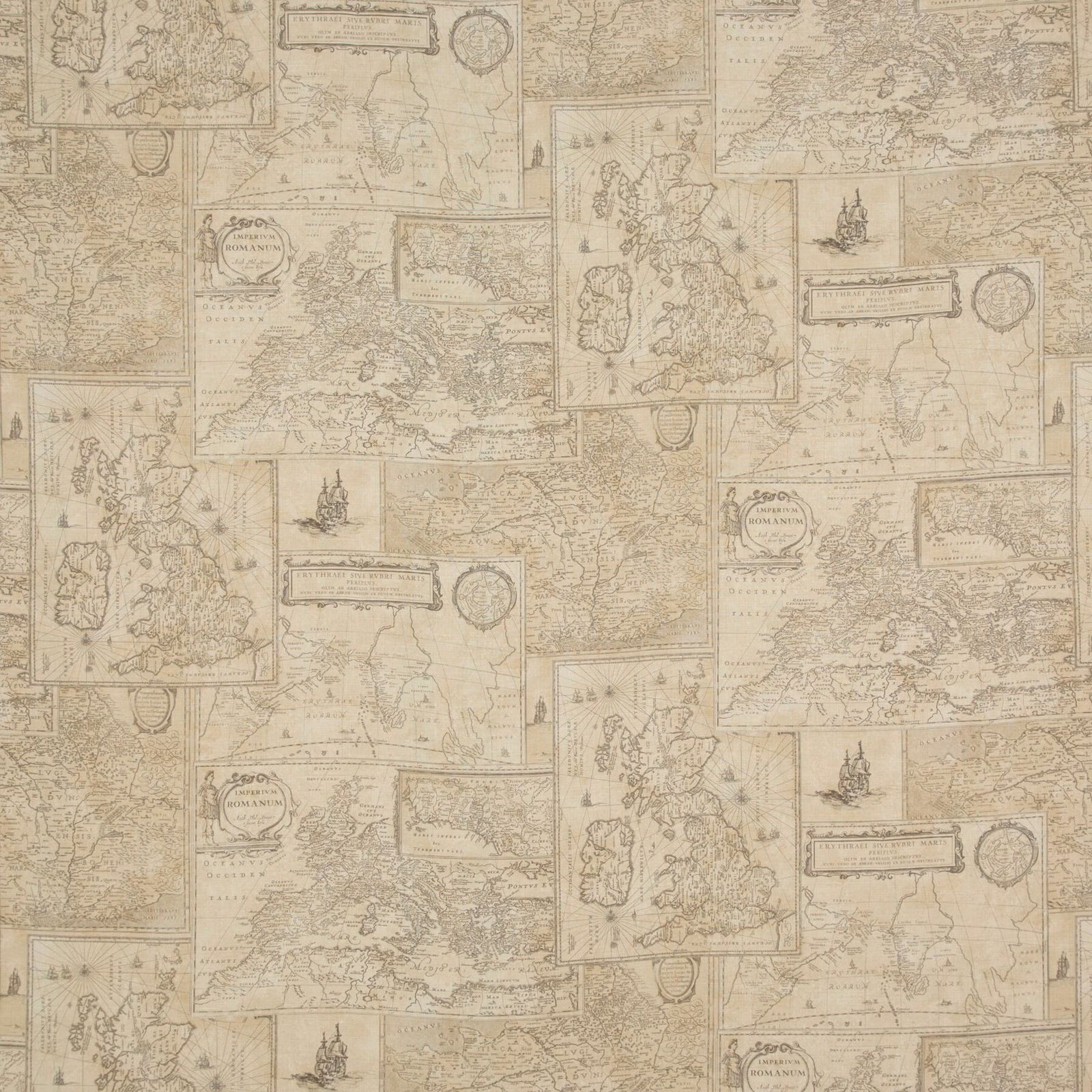 Warm sand linen with layered antique maps, cartouches and fine sepia linework