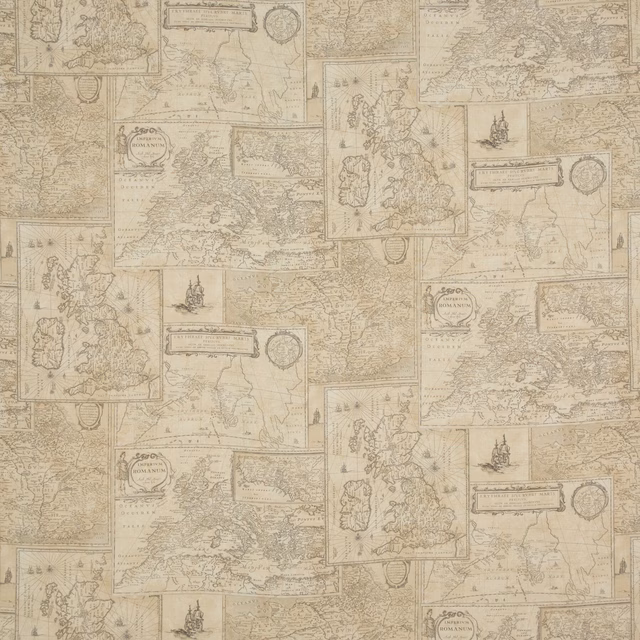 Warm sand linen with layered antique maps, cartouches and fine sepia linework