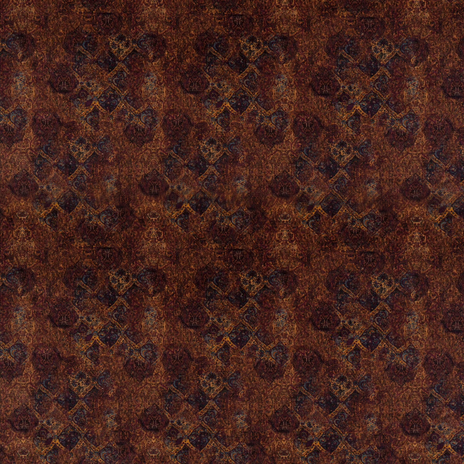 Deep fig and sienna velvet with distressed geometric and floral motifs