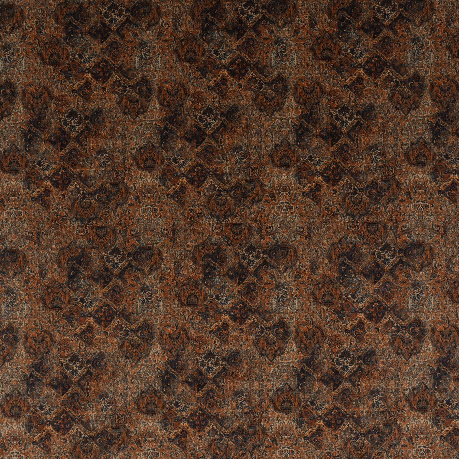 Dense rust-brown and teal ornamental velvet with dark medallion motifs