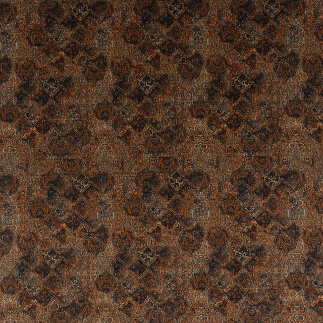 Dense rust-brown and teal ornamental velvet with dark medallion motifs