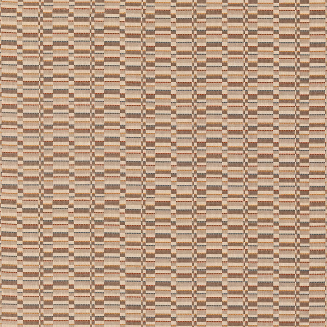 Close-up of warm nutmeg brown and beige woven check fabric with fine textured bands