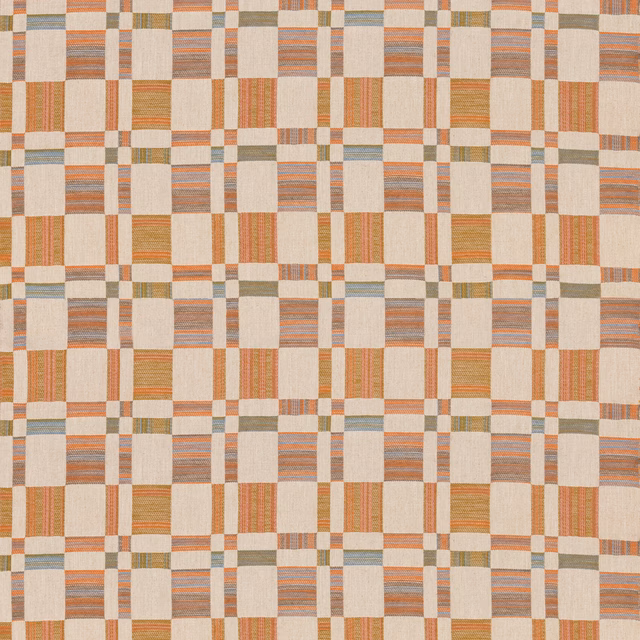 Aqua, russet and cream woven check with layered rectangular blocks and fine textured lines