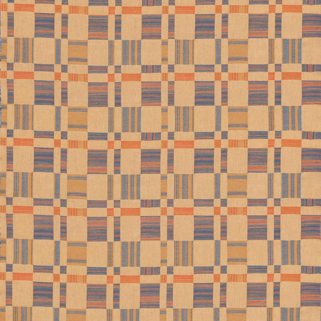 Warm beige woven check with slate blue and muted red geometric stripes