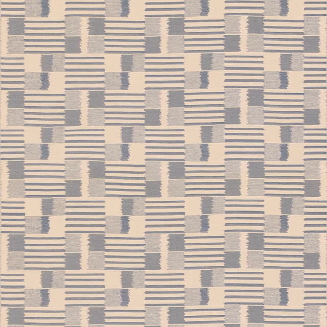 Pale blue-grey and cream woven check with stepped rectangular blocks and horizontal stripes