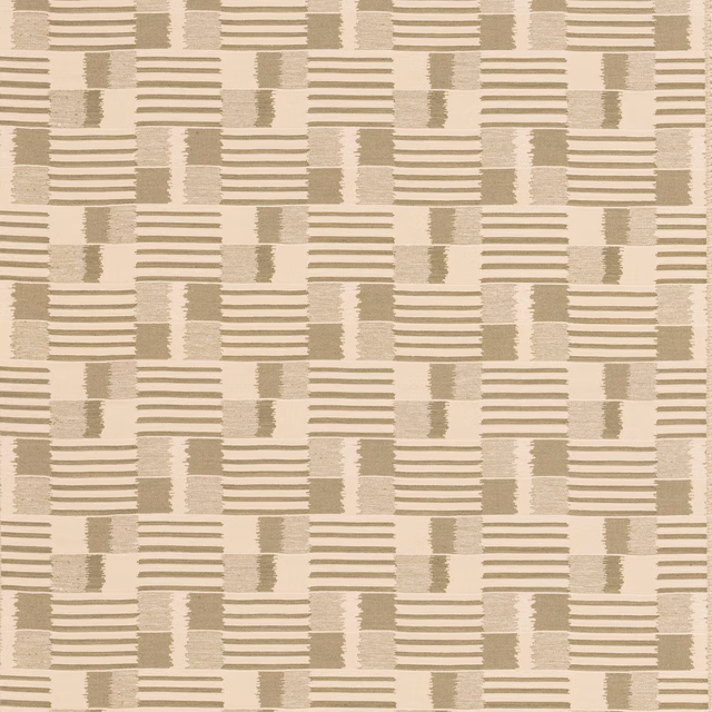Muted olive and oatmeal woven check with broken stripes and softly tactile texture