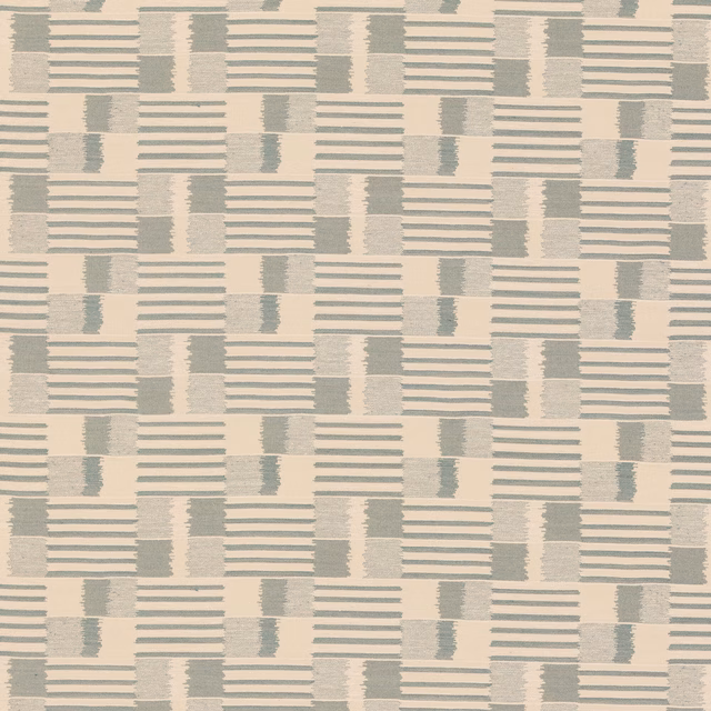 Cream woven check with muted teal-grey stripes and irregular vertical blocks