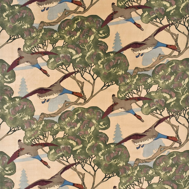 Warm camel velvet with flying ducks, olive trees, burgundy wings and pale blue accents