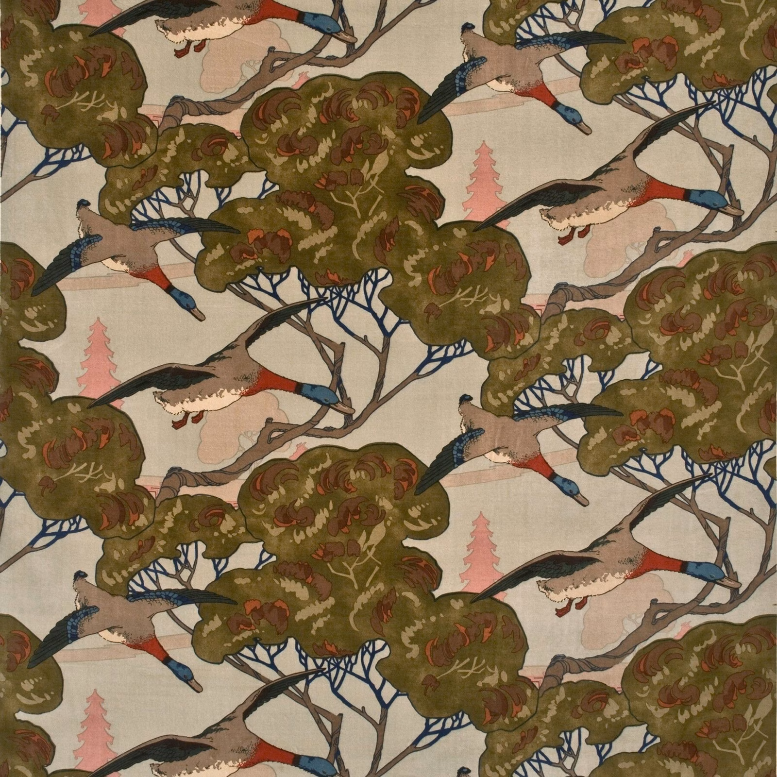 Olive woodland velvet with flying ducks, blue branches and blush ground