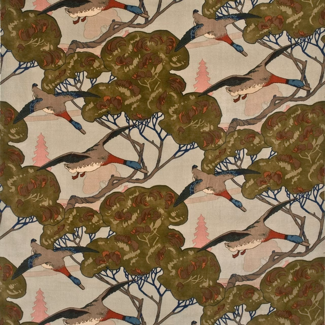 Olive woodland velvet with flying ducks, blue branches and blush ground