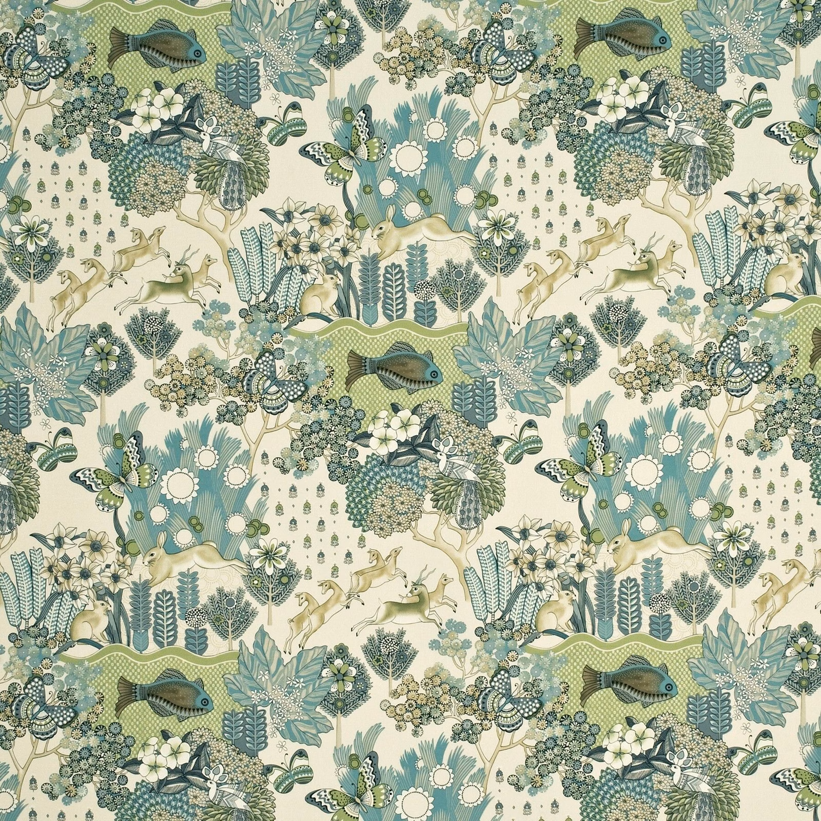 Cream cotton print with muted teal foliage, deer, fish, flowers and leafy motifs