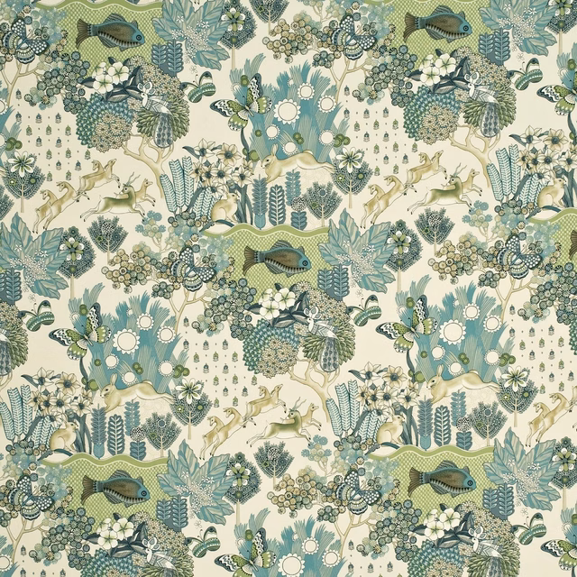 Cream cotton print with muted teal foliage, deer, fish, flowers and leafy motifs