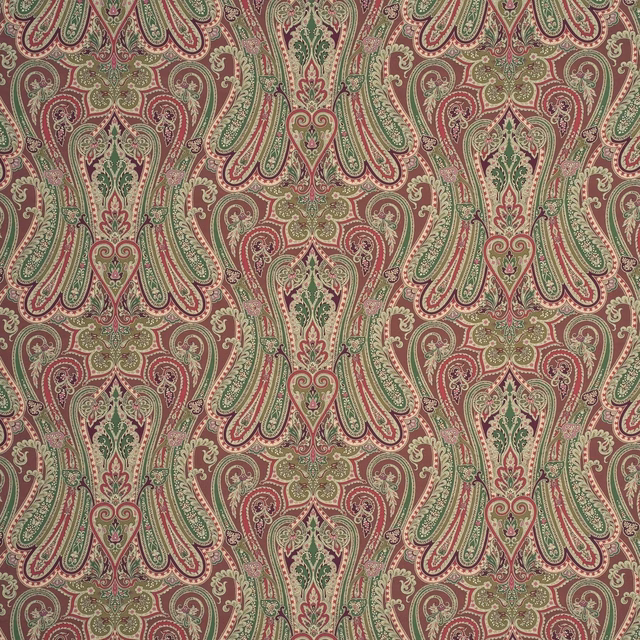 Muted damson paisley with olive, sage and cream scrolling motifs on textured cotton